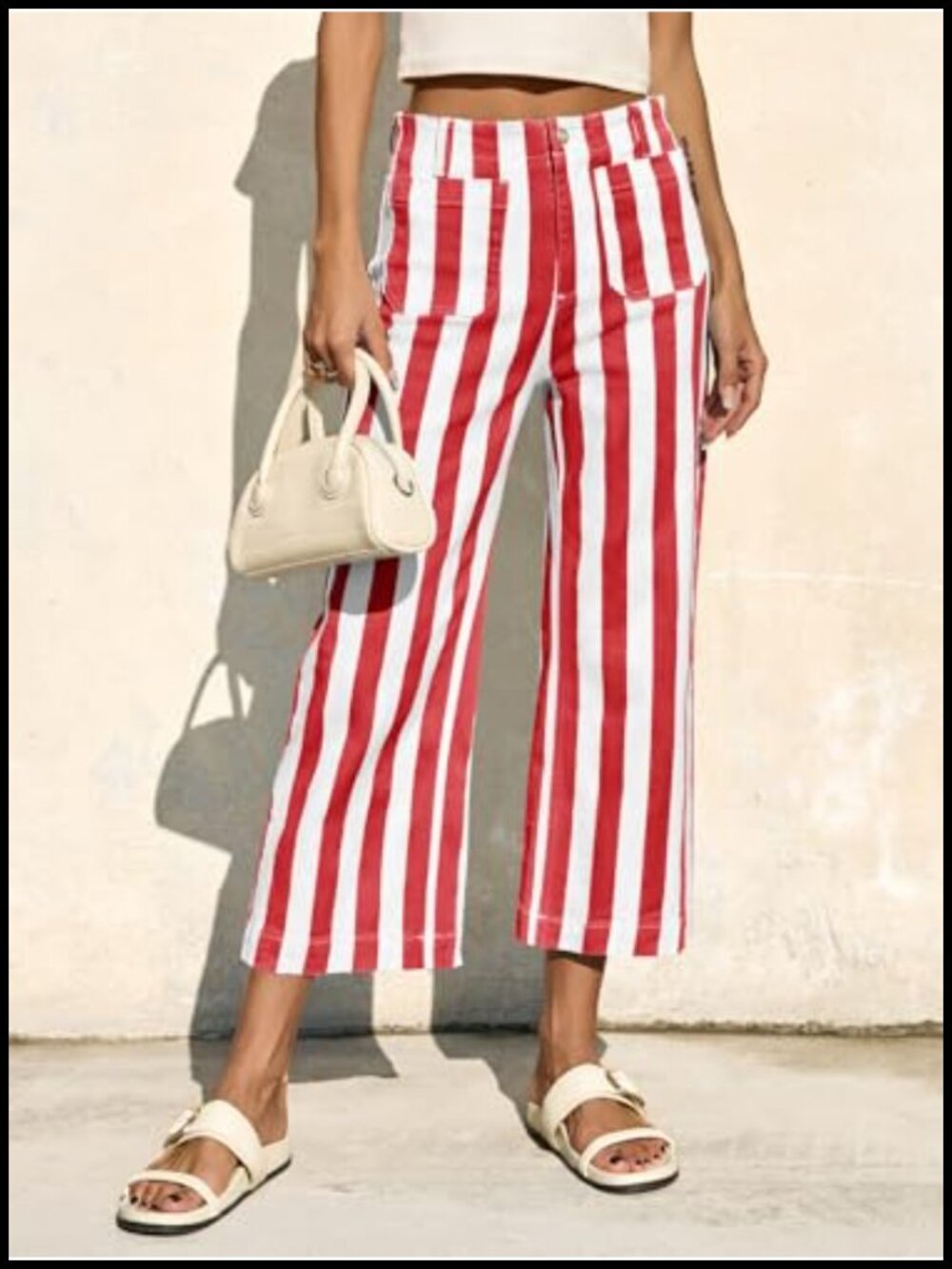 High Waisted Cropped Striped Denim Wide Leg Pants with Pockets - Picture 4 of 6